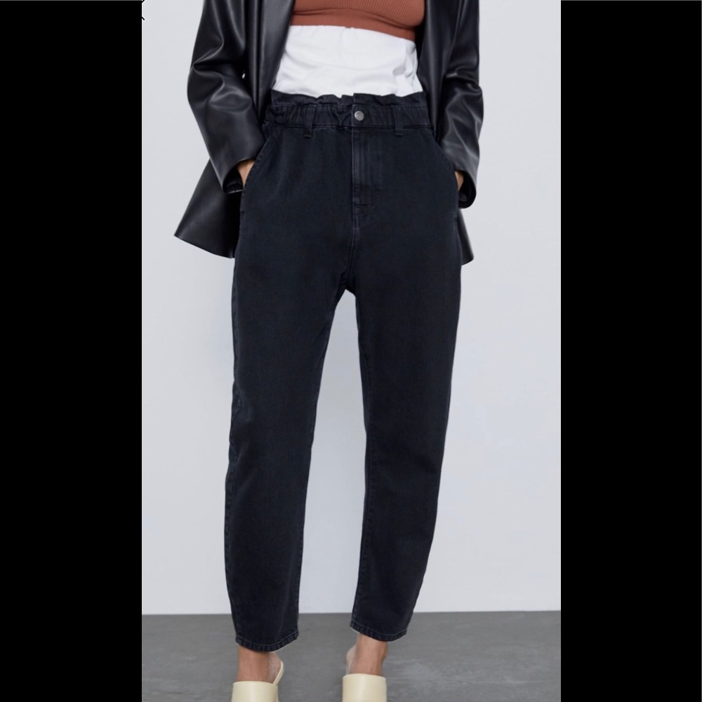 Zara Paperbag Jeans and high-neck bodysuit.